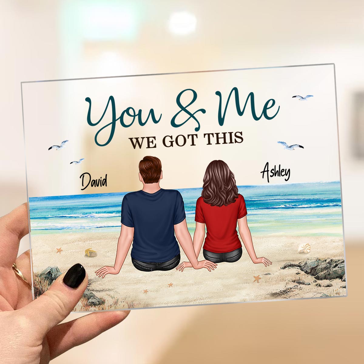 Back View Couple Sitting Holding Hands Beach Landscape Personalized Acrylic Plaque