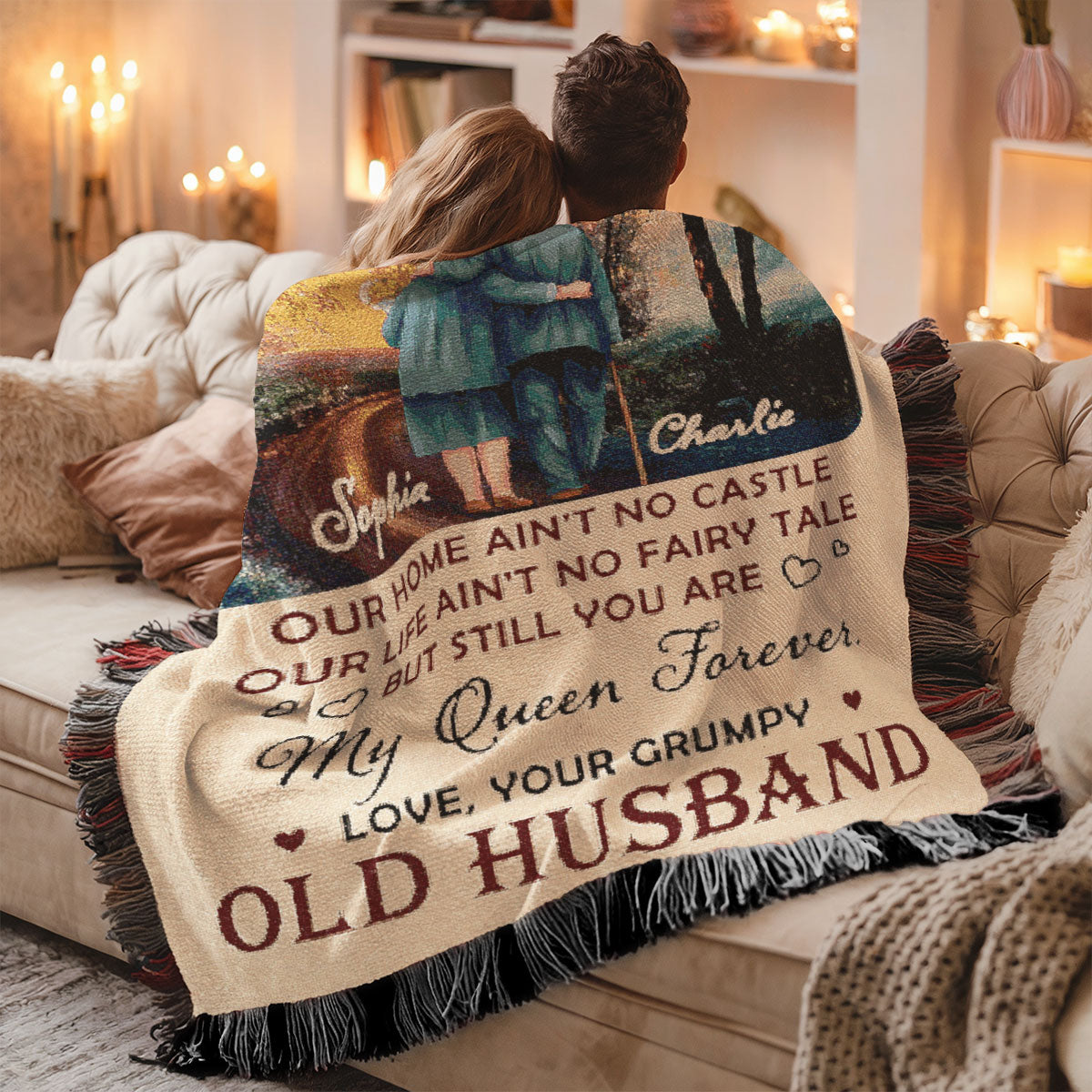 To My Wife Husband Old Couple Walking Together Personalized Tapestry Woven Blanket
