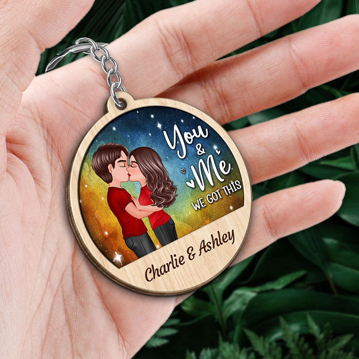 Doll Couple Kissing In Galaxy Night Favorite Song QR Code Personalized Wooden Keychain