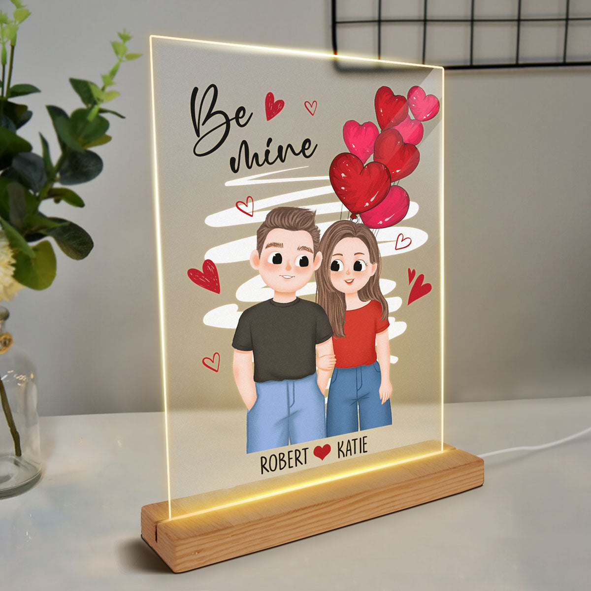 Be Mine Cute Illustration Couple Gift For Him For Her Personalized Rectangle Acrylic Plaque LED Night Light