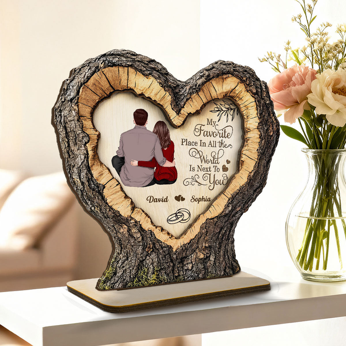 Favorite Place Next To You Couple Sitting 2D Flat - Personalized 2-Layered Wooden Plaque - Anniversary Gift, Valentine's Gift For Him, For Her
