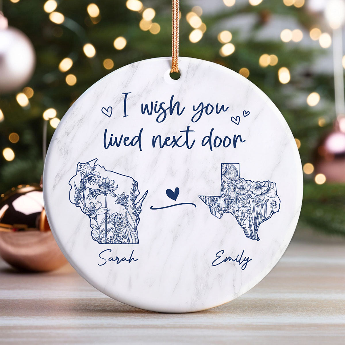 Wish You Lived Next Door Blue Floral State Map Personalized Long Distance Friendship Ornament, Moving Away Gift