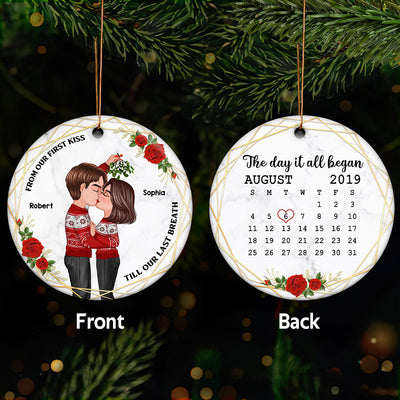 From Our First Kiss Couple Kissing Calendar Anniversary Keepsake Personalized Double Sided Circle Ornament