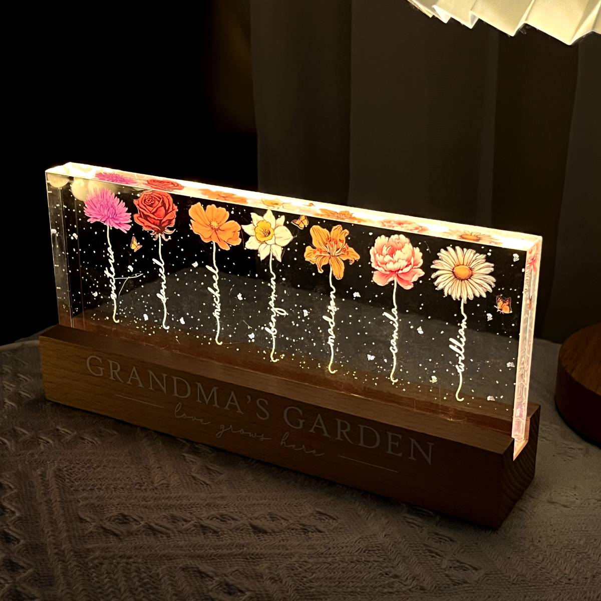 Grandma‘s Garden Birth Month Flowers - Personalized Acrylic Block Plaque LED Night Light - Christmas Gift For Grandma, Mom, Auntie, Sister