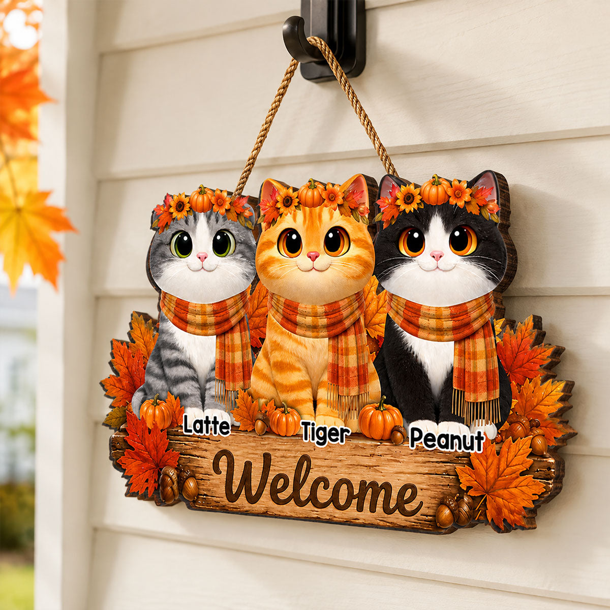 Fall Cats Welcome Door Sign - Personalized Door Sign - Fall Season Decor Gift, Gift For Cat Lovers
