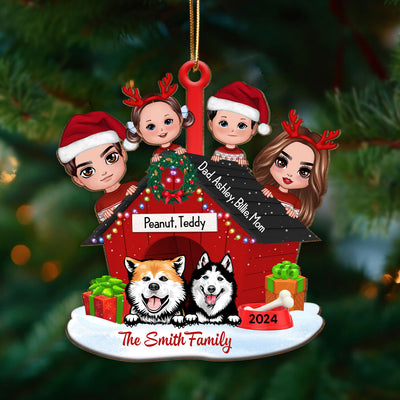 Family And Dogs Christmas - Personalized Wooden Ornament