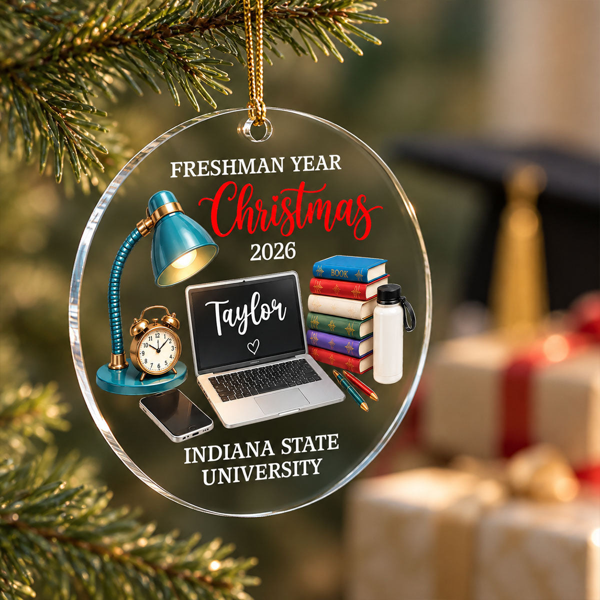 Freshman Year Christmas Study Desk – Personalized Acrylic Ornament – College Student Christmas Gift, First Year Keepsake