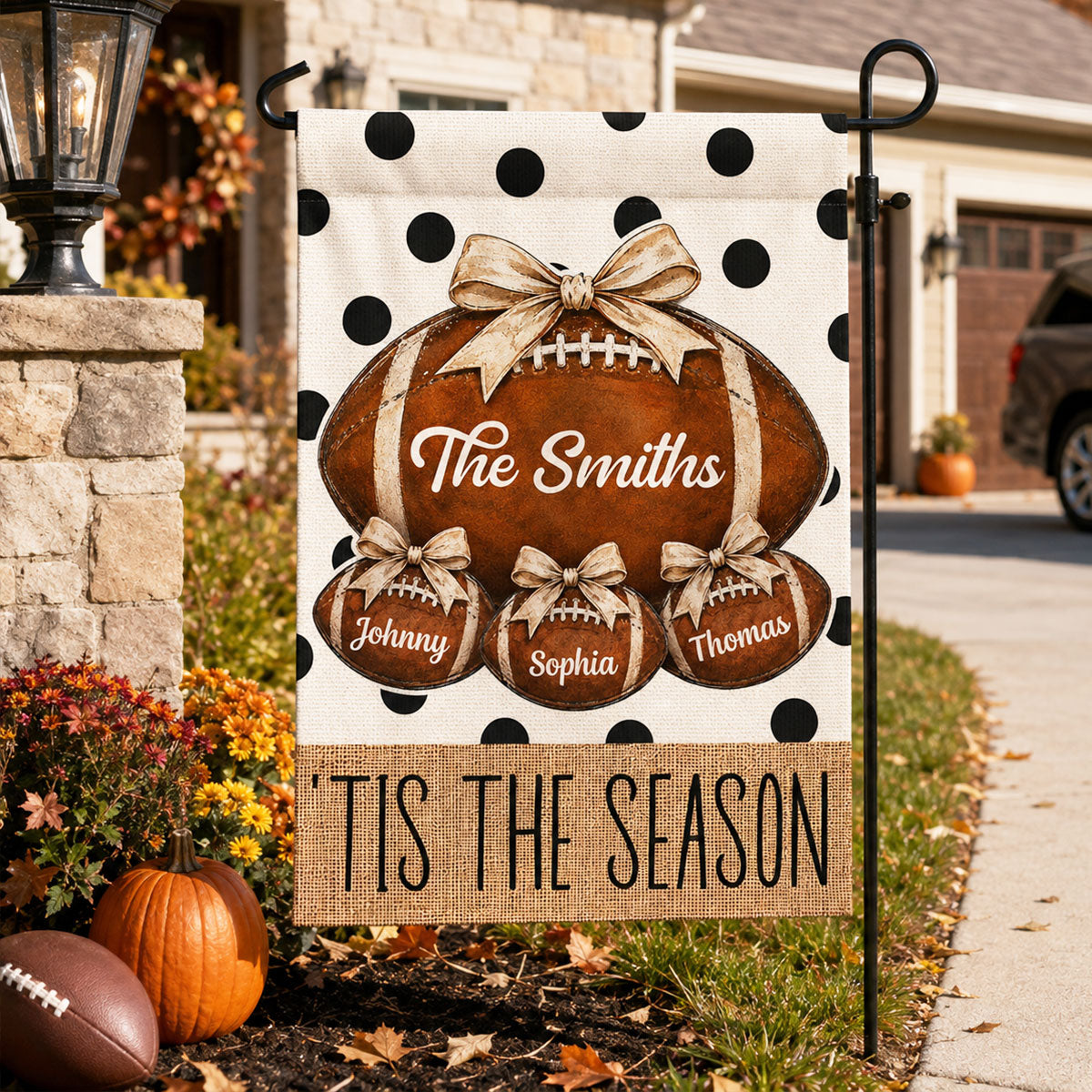 Polkadot Hello Football Season Custom Family Names - Personalized Garden Flag - Football Season Decor For Family