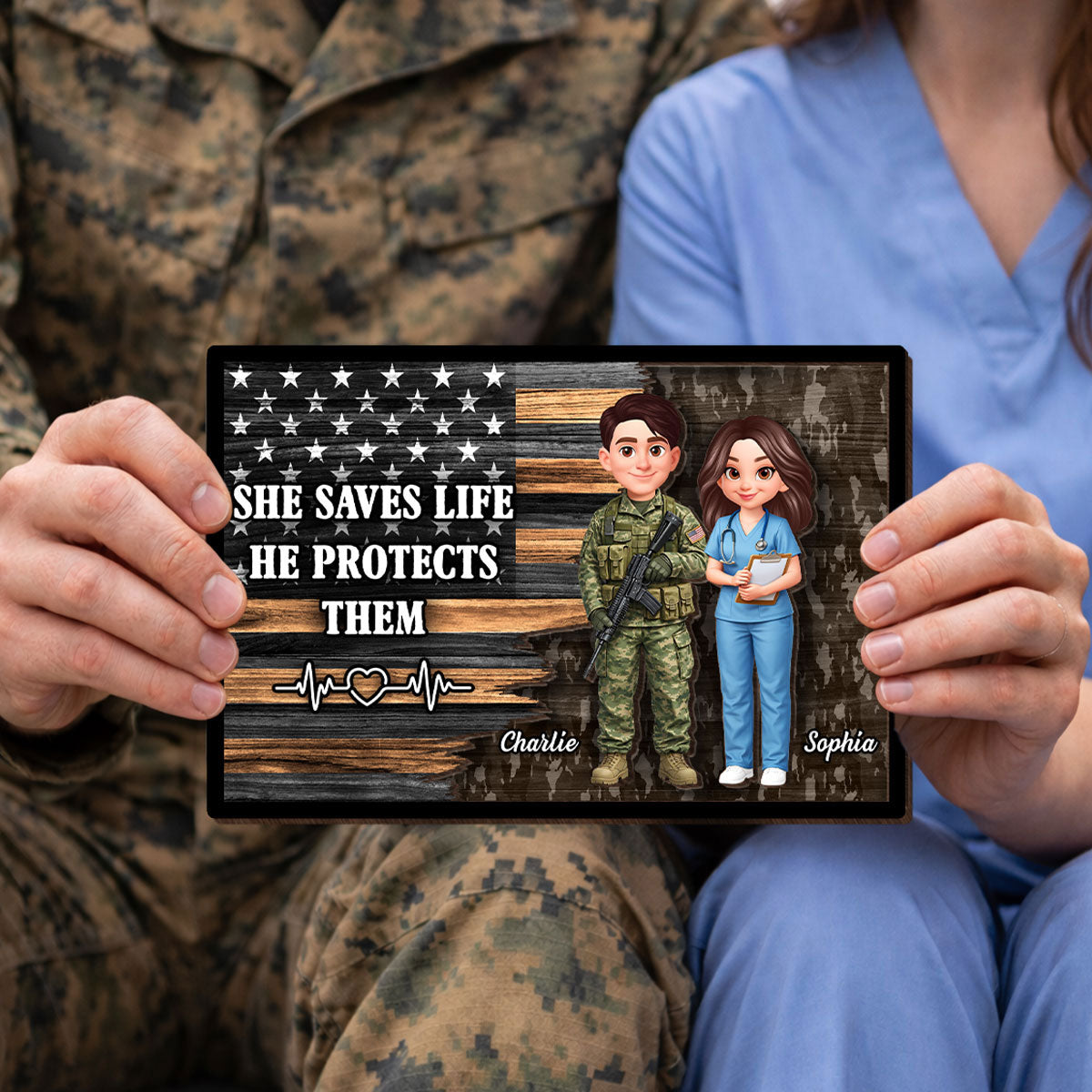 Custom Hero Couple Occupation Nation Flag - Personalized 2-Layered Wooden Plaque - Heartfelt Gift for Him, for Her