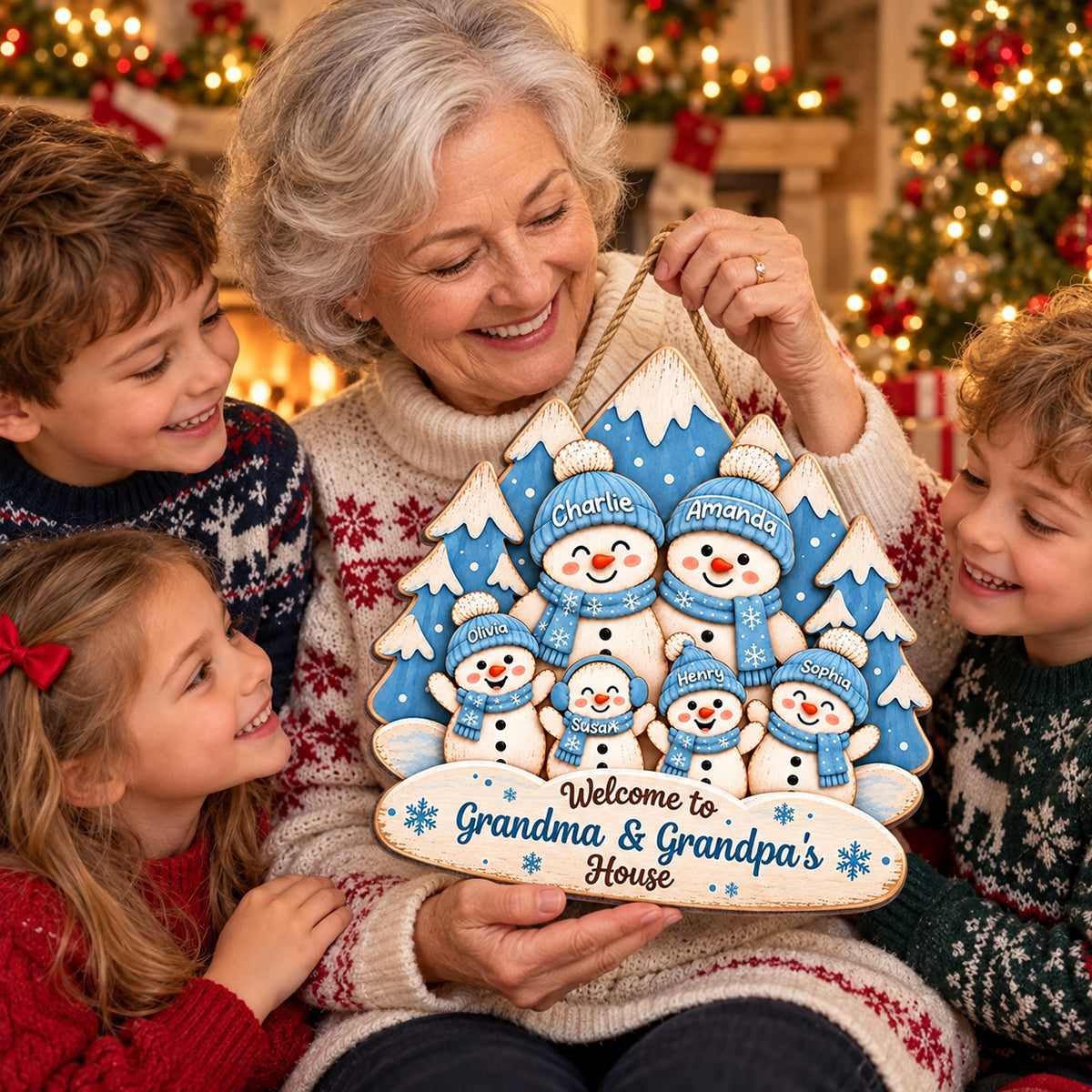 Blue Winter Forest Snowman Grandparents & Grandkids 2D Flat Printed - Personalized Wood Sign - Christmas Gift For Grandma & Grandpa