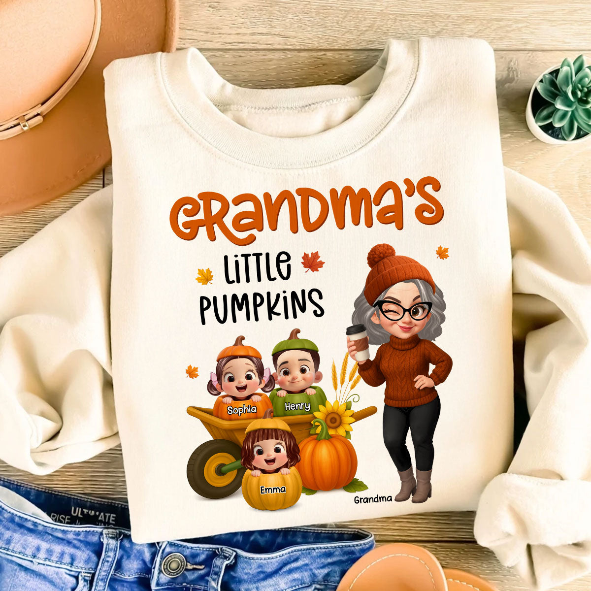 Grandma's Litttle Pumpkins Pretty Grandma And Kids Personalized Shirt, Fall Season gift