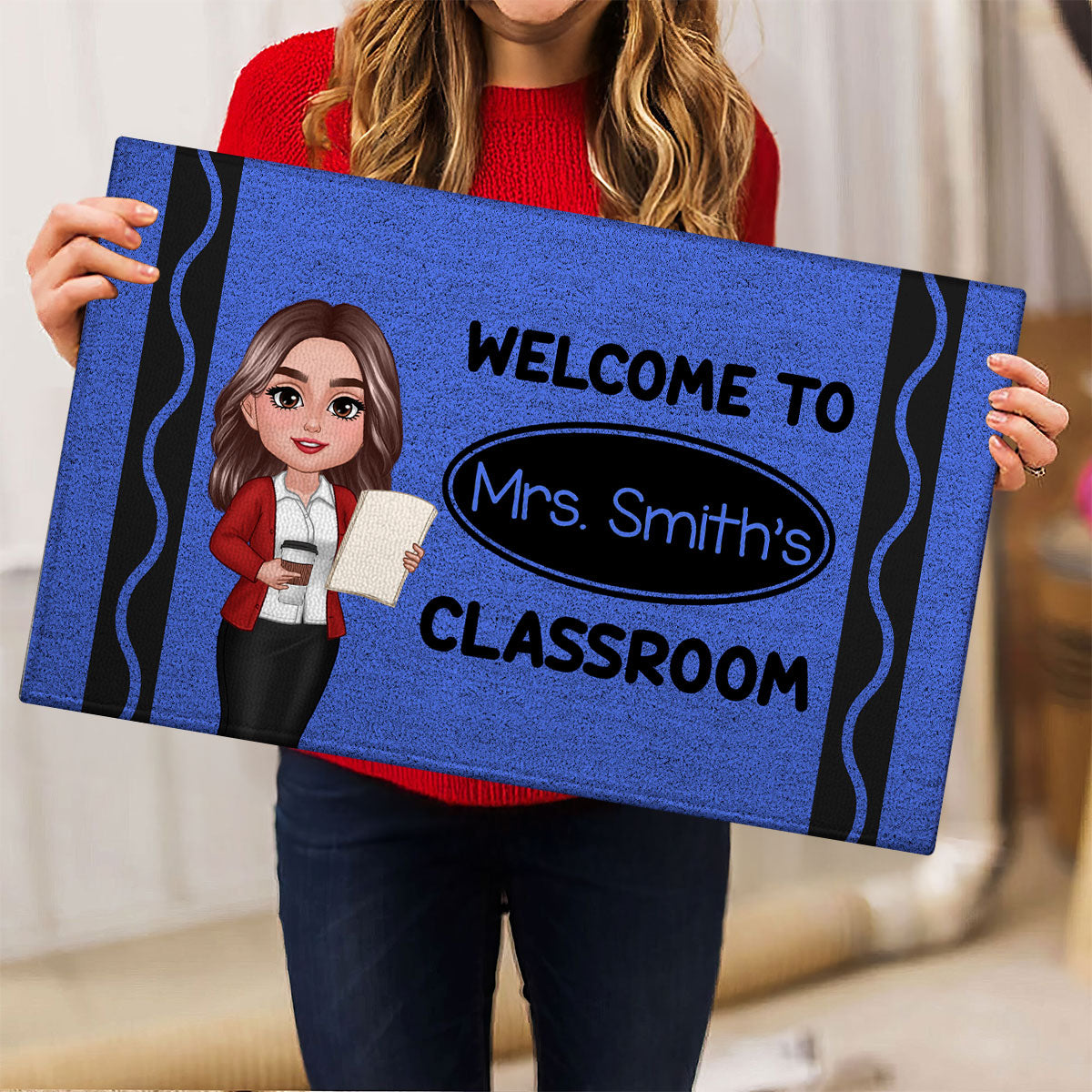 Welcome To Teacher Classroom Crayon Patter - Personalized Doormat - Back To School Gift, Classroom Decoration
