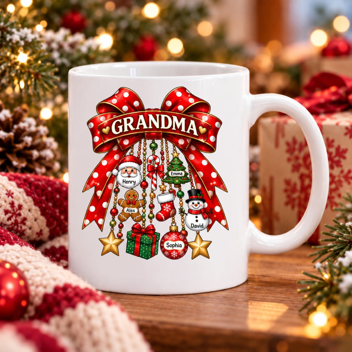 Grandma Retro Christmas Charm Bow - Personalized Mug - Trendy Christmas for Grandma
