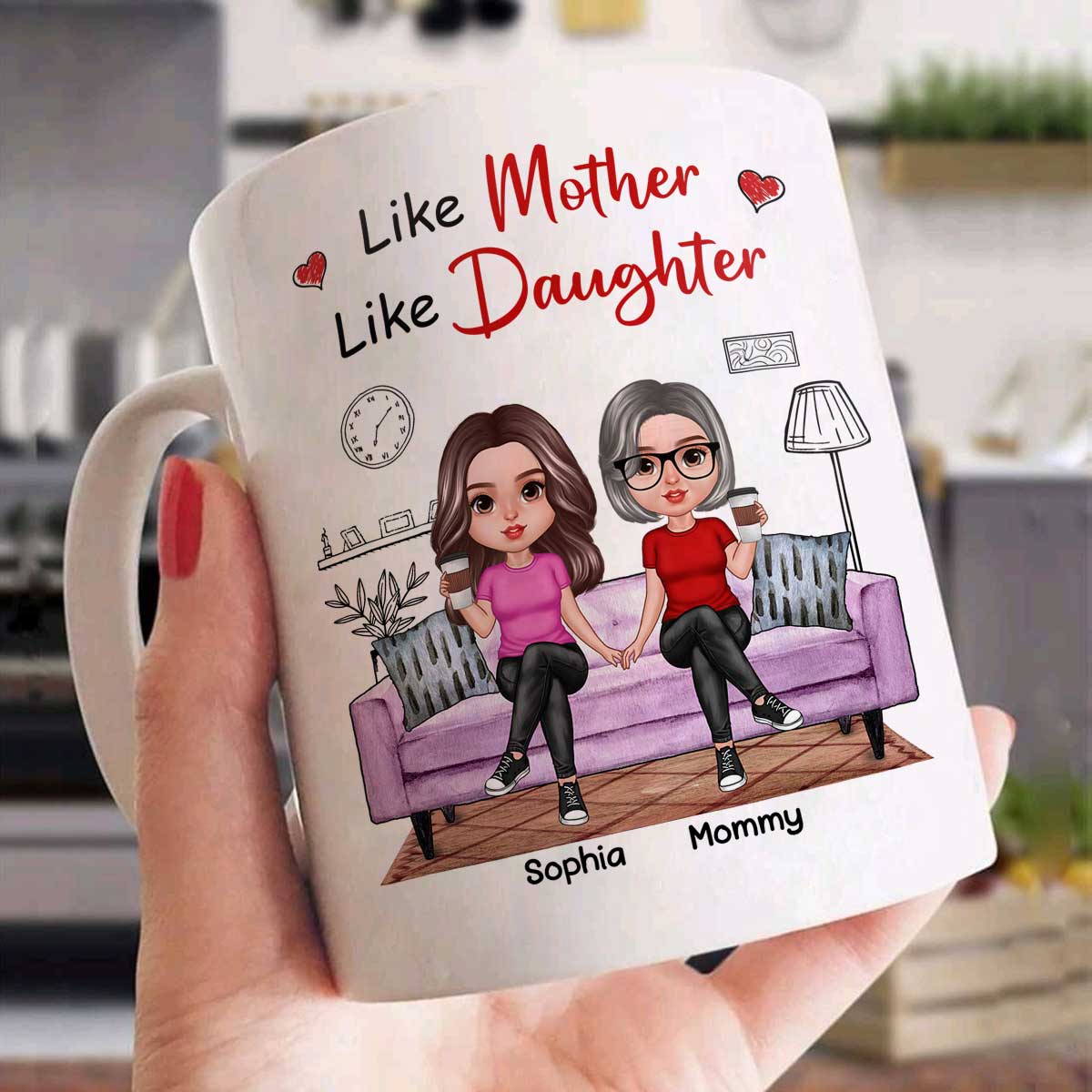 Realistic Mother Daughters Sitting On Sofa Personalized Mug