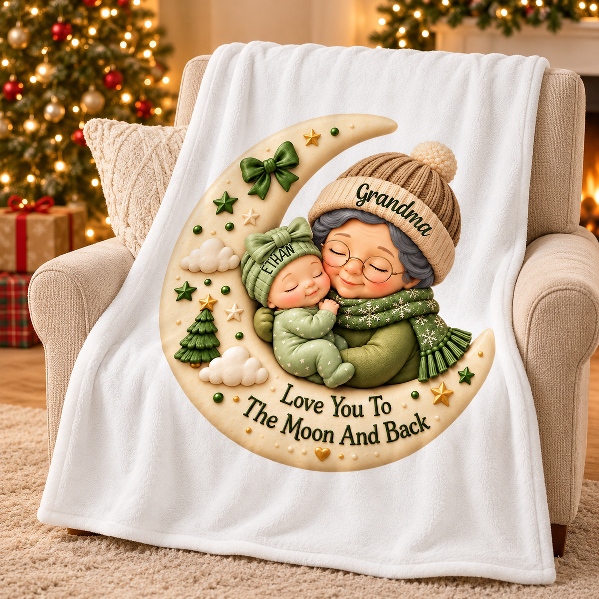 First Christmas as Grandma Love to the Moon and Back - Personalized Fleece Blanket - Christmas Gift for Grandma
