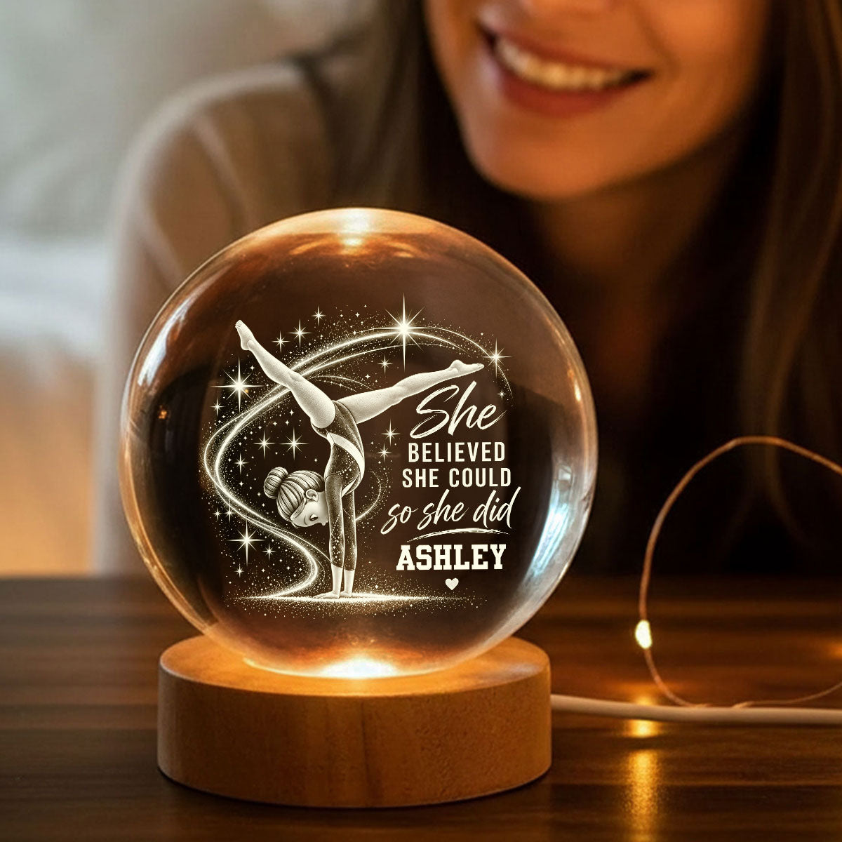 Beautiful Gymnastic Girl She Believed She Could So She Did - Personalized Crystal Ball LED Night Light - Christmas Gift For Gymnastic Girl, Gymnast, Daughter, Granddaughter