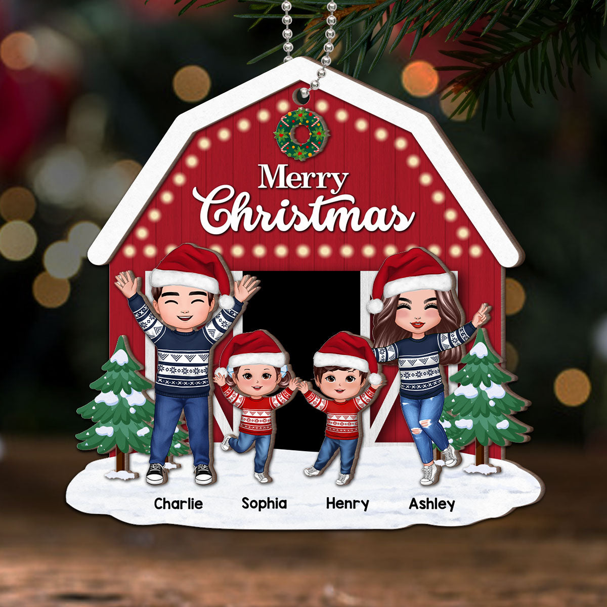 Christmas Farm House Family Decor Gift Personalized 2-Layer Wooden Ornament