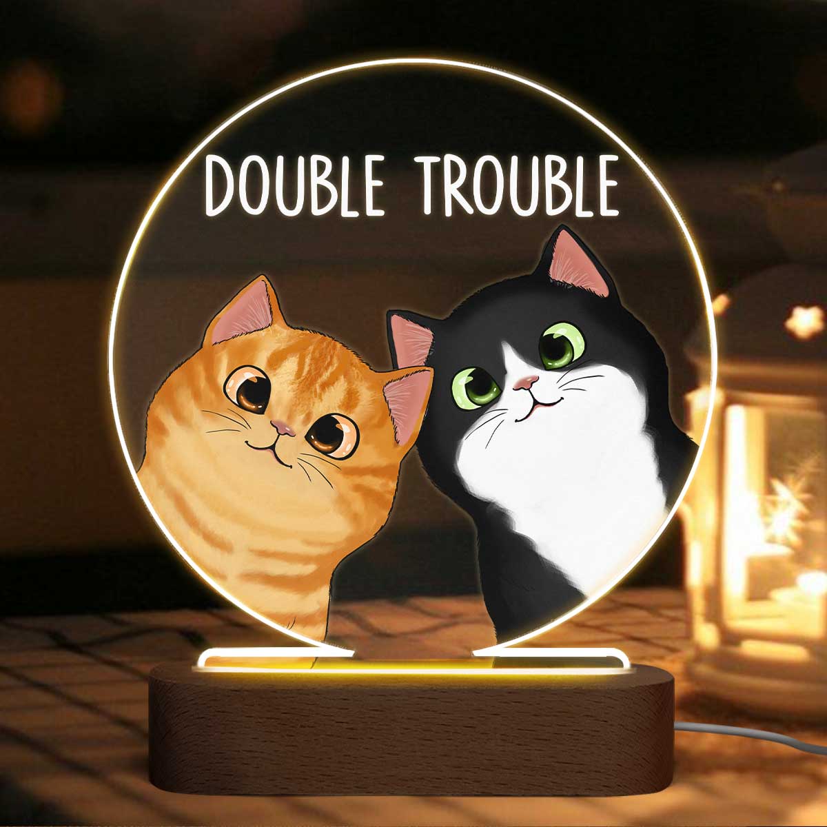 Peeking Cats Double Trouble Personalized Circle Acrylic Plaque LED Lamp Night Light