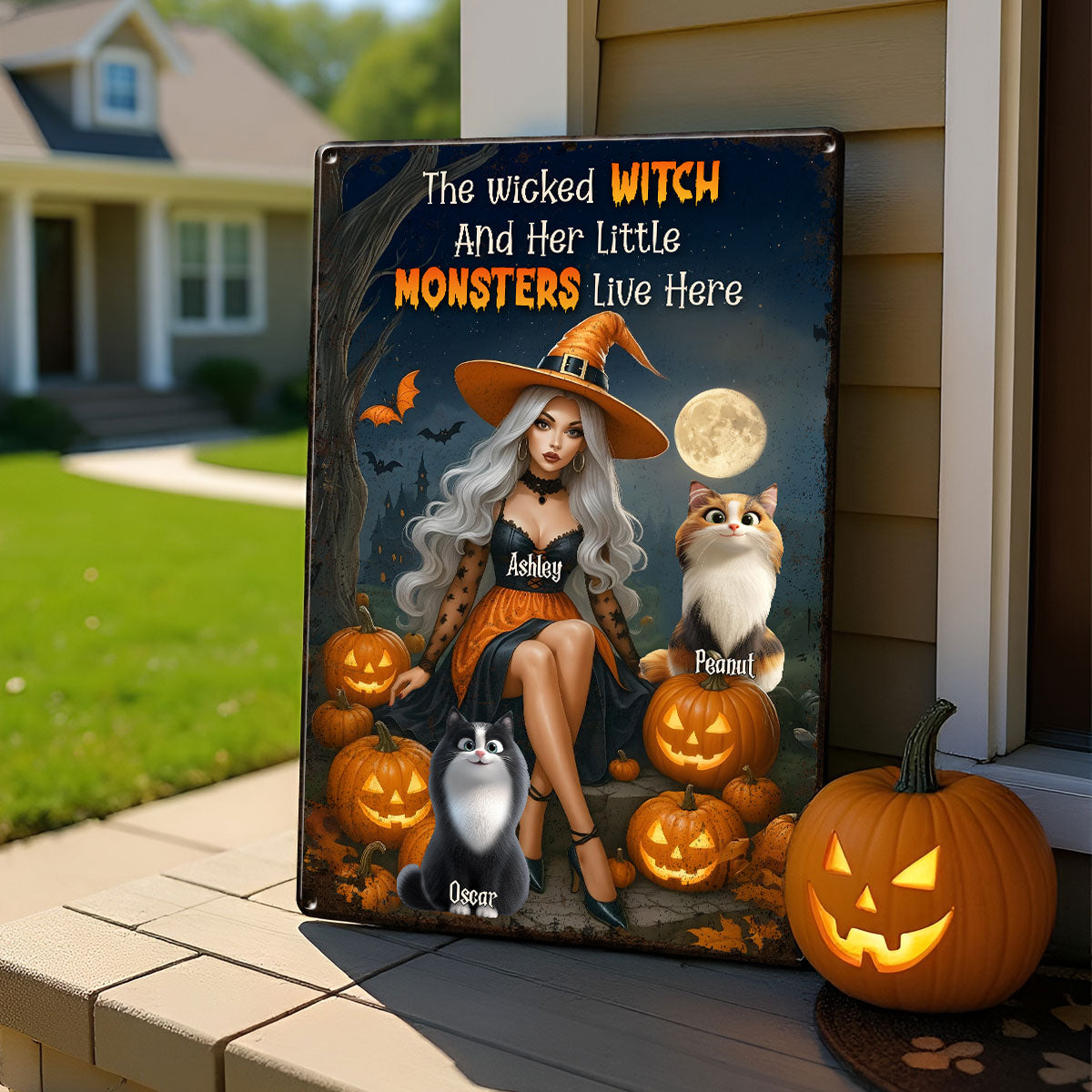The Wicked Witch and Her Little Monster Live Here Personalized Metal Sign, Halloween Decor for Cat Lovers