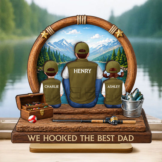 Fishing Dad Kids Mountain Lake - Personalized 2-Layered Wooden Plaque - Heartfelt Gift For Fishing Dad, Gift For Husband