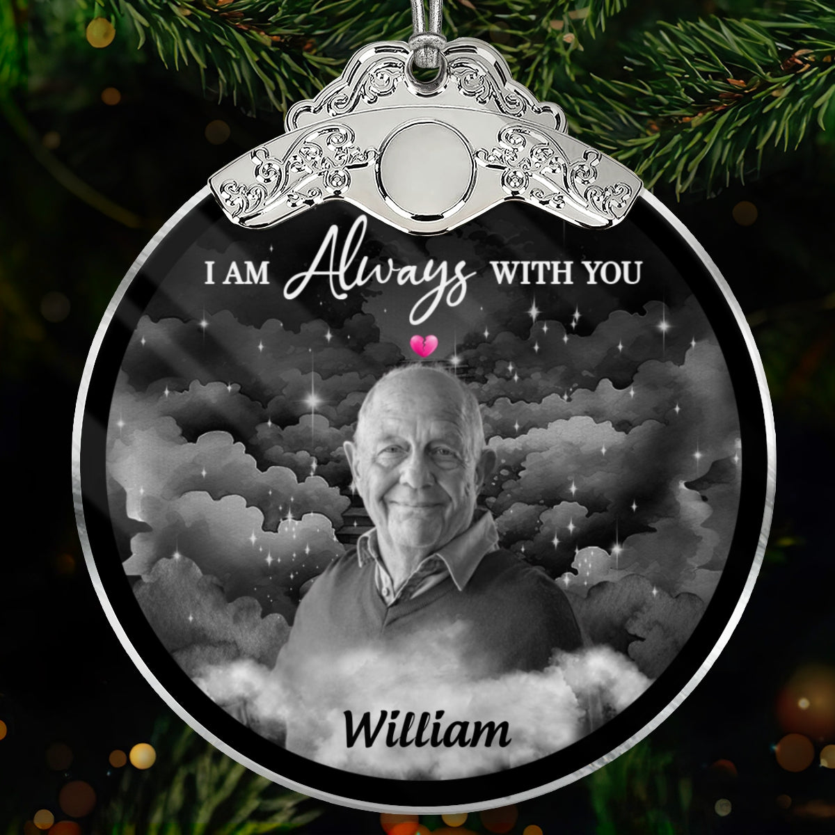I Am Always With You Memorial Photo Christmas Family Remembrance - Personalized Glass Ornament With Silver Cap