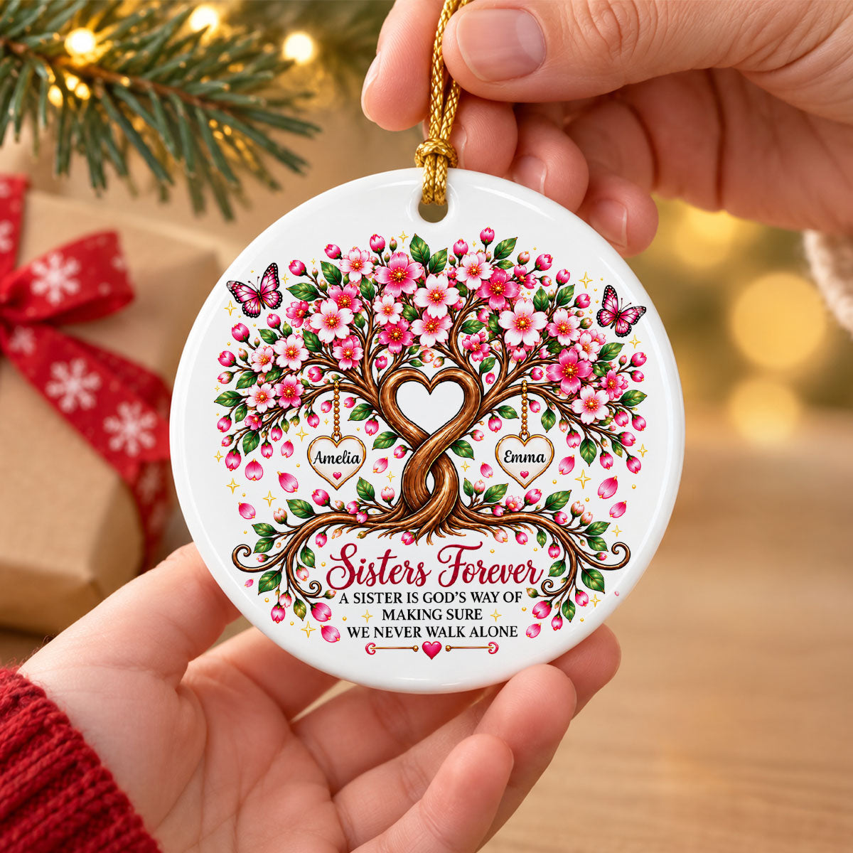 Sisters Forever Heart Tree - Personalized Ceramic Ornament - Christmas Gift for Sisters, Siblings