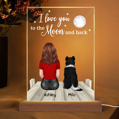 Love To The Moon And Back Woman & Pets On Bridge Personalized Rectangle Acrylic Plaque With LED Night Light - Gift For Dog Lover, Cat Lover, Pet Lover