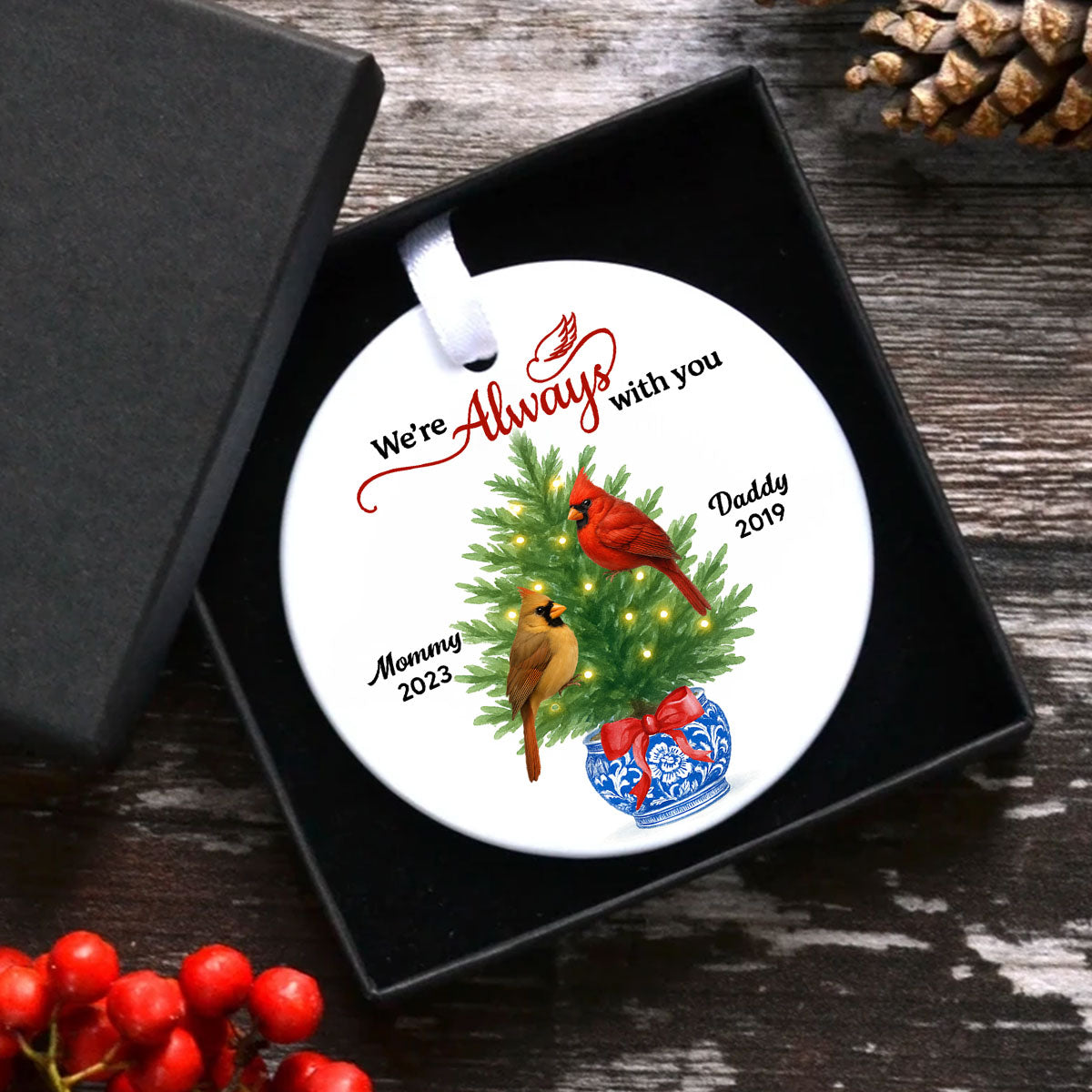 Cardinals Chinoiserie Christmas Always With You - Personalized Ceramic Ornament - Meaningful Sympathy Gift