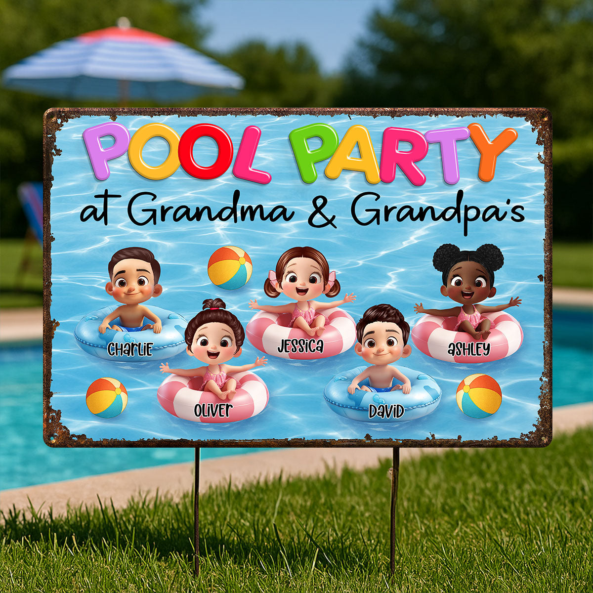 Pool Party At Grandma Grandpa Personalized Metal Sign