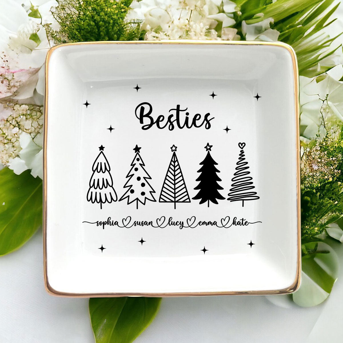 Christmas Trees Outline Besties Sisters Personalized Jewelry Dish, Bridesmaid Gift, Best Friend Flower Ring Dish, Gift for Bestie, Christmas Gifts
