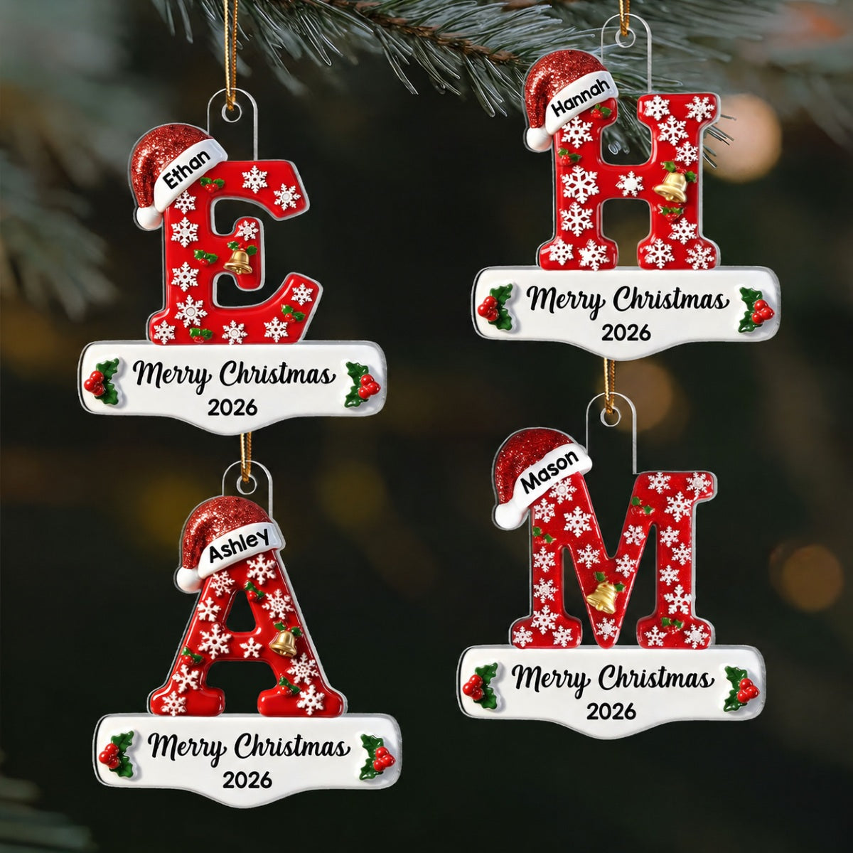 3D Effect Christmas Festive Initial Name - Personalized Acrylic Ornament