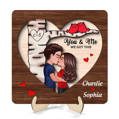 Couple Kissing Under Tree With Love Birds Personalized 2-Layer Wooden Plaque