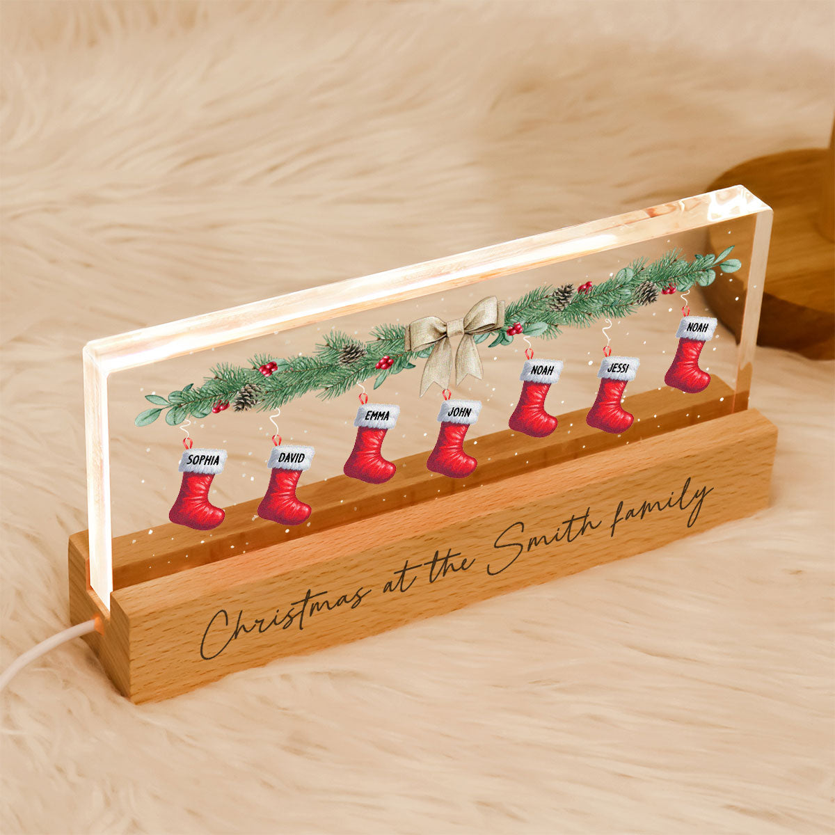 Christmas Stocking Family Names Personalized Acrylic Block LED Night Light