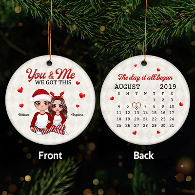 Christmas Doll Couple Hugging Sitting Calendar Anniversary Date Personalized Double Sided Circle Ornament