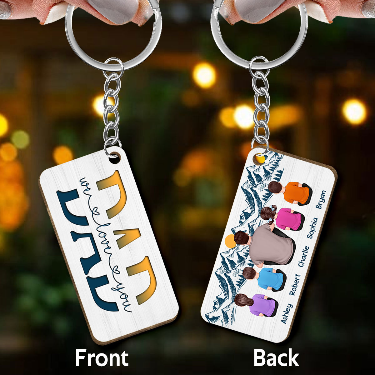 Best Dad Back View Yellow Green Personalized Wooden Keychain