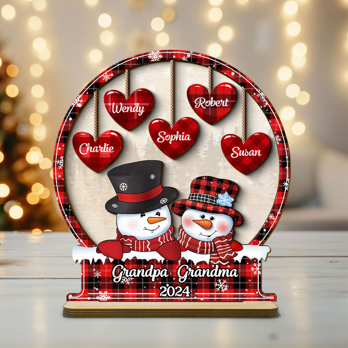 Snowman Papa Nana Dad Mom Heart Kids In Snowball Personalized 2-Layer Standing Wooden Plaque, Christmas Tiered Tray Decor