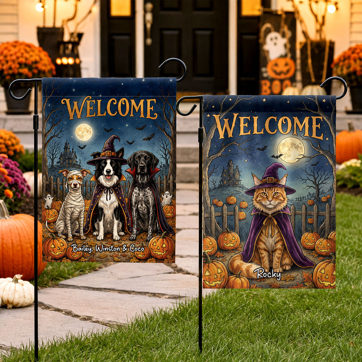 Vintage Dog Cat Halloween Night Photo Upload - Personalized Garden Flag - Halloween Gift For Dog Mom, Cat Mom