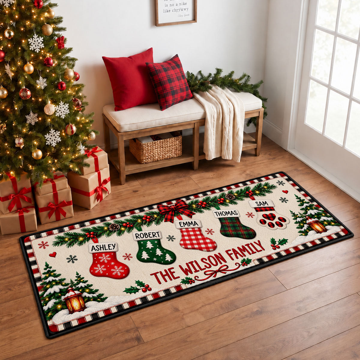 Family Stocking Hanging - Personalized Runner Rug - Christmas Gift for Her, Custom Holiday Hallway Carpet