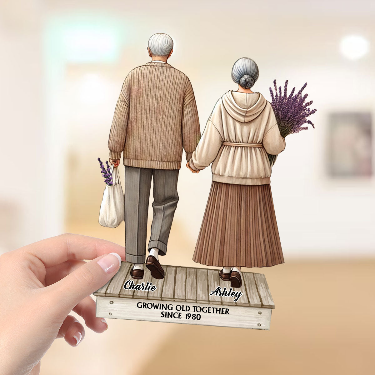 Old Couple Holding Hands Walking Personalized Standing Wooden Plaque