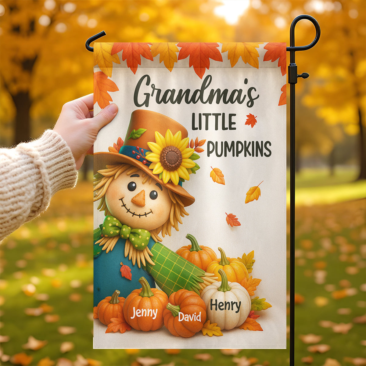 Grandma's Pumpkin Patch Scarecrow Personalized Garden Flag, Cozy Fall Decor for Grandma