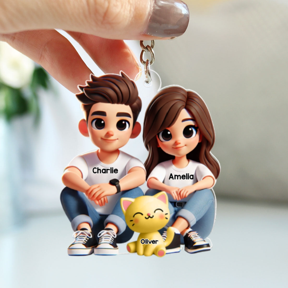 3D Effect Cute Couple And Dogs Cats Sitting Personalized Acrylic Keychain, Anniversary Gift,  gift