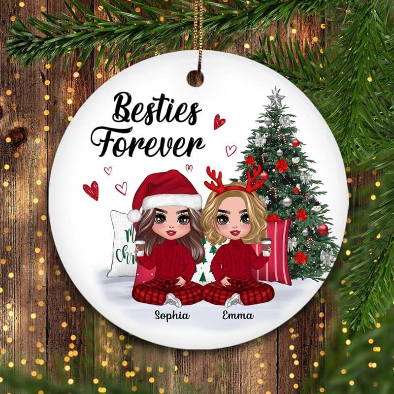 Doll Besties Sisters Sitting Beside Christmas Tree Personalized Circle Ornament