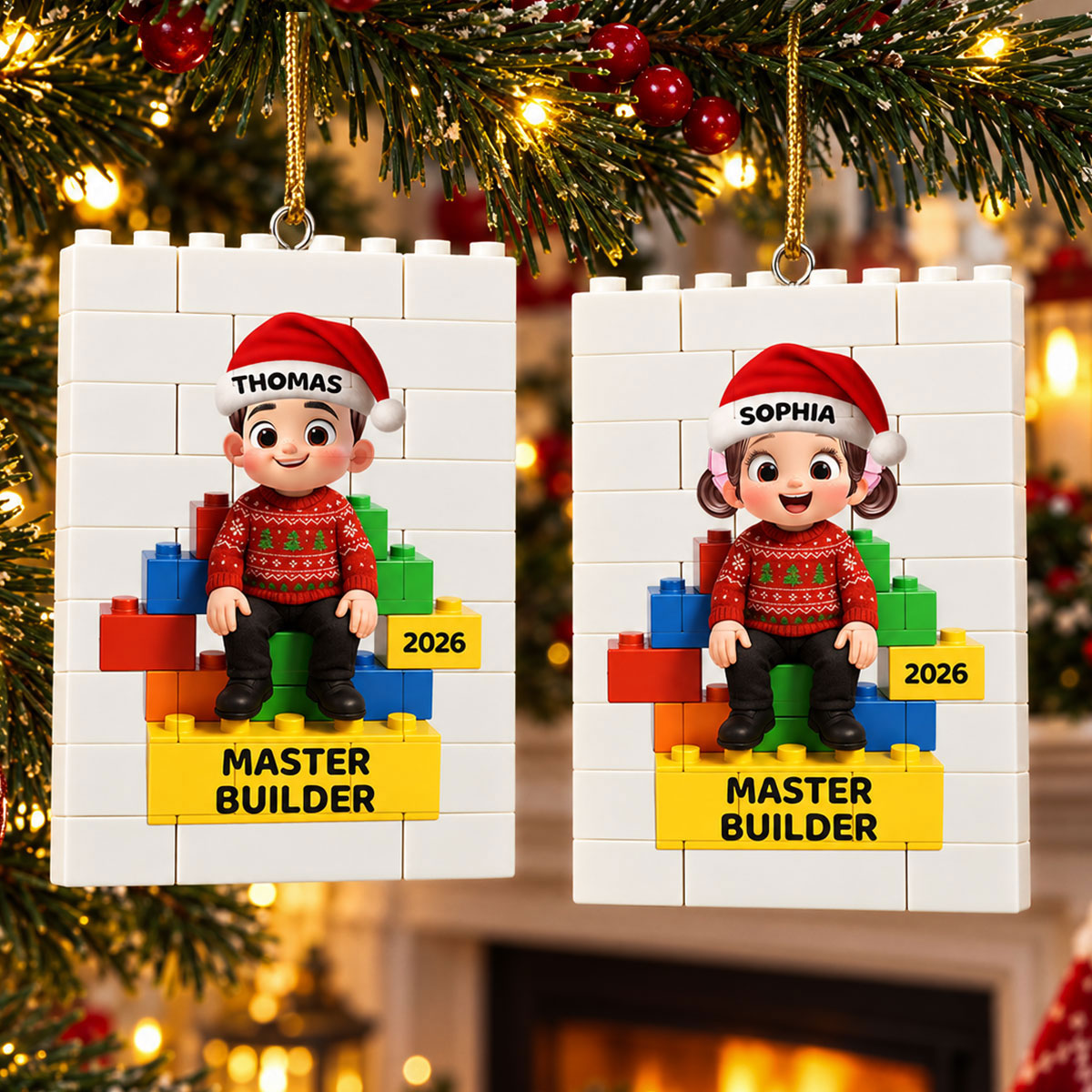 Little Kid Master Builder - Personalized Building Blocks Ornament - Christmas Gift For Kids, Son, Grandson, Daughter, Granddaughter