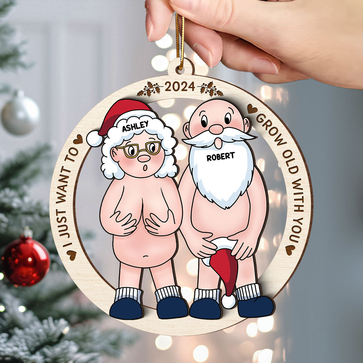 Funny Old Couple Personalized 2-Layer Wooden Ornament Christmas Gift for Him for Her