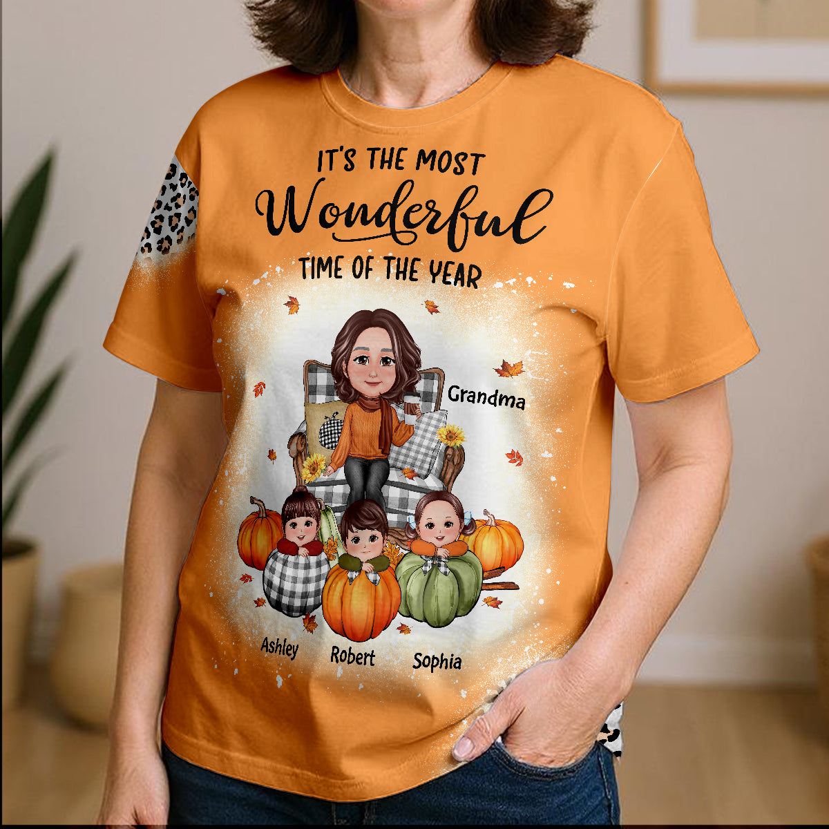 Grandma & Grandkids On Pumpkins Fall Season Theme With Leopard Pattern Personalized Shirt