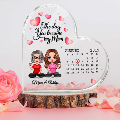 Watercolor Hearts Doll Mother Daughter Son The Day You Became My Mom Calendar Date Mother‘s Day Gift For Mom Personalized Acrylic Heart Plaque