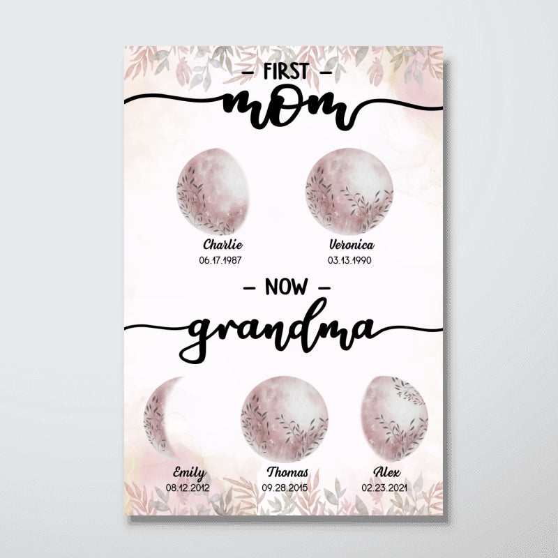 First Mom Now Grandma Custom Floral Birth Moon Phase Personalized Poster, Gift