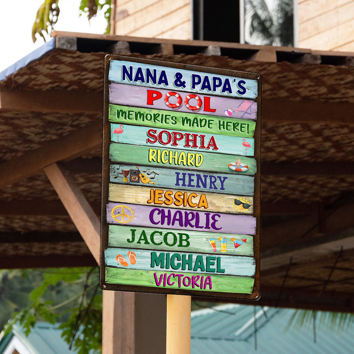 Grandma Grandpa Pool Colorful Wood Palletes Personalized Metal Sign