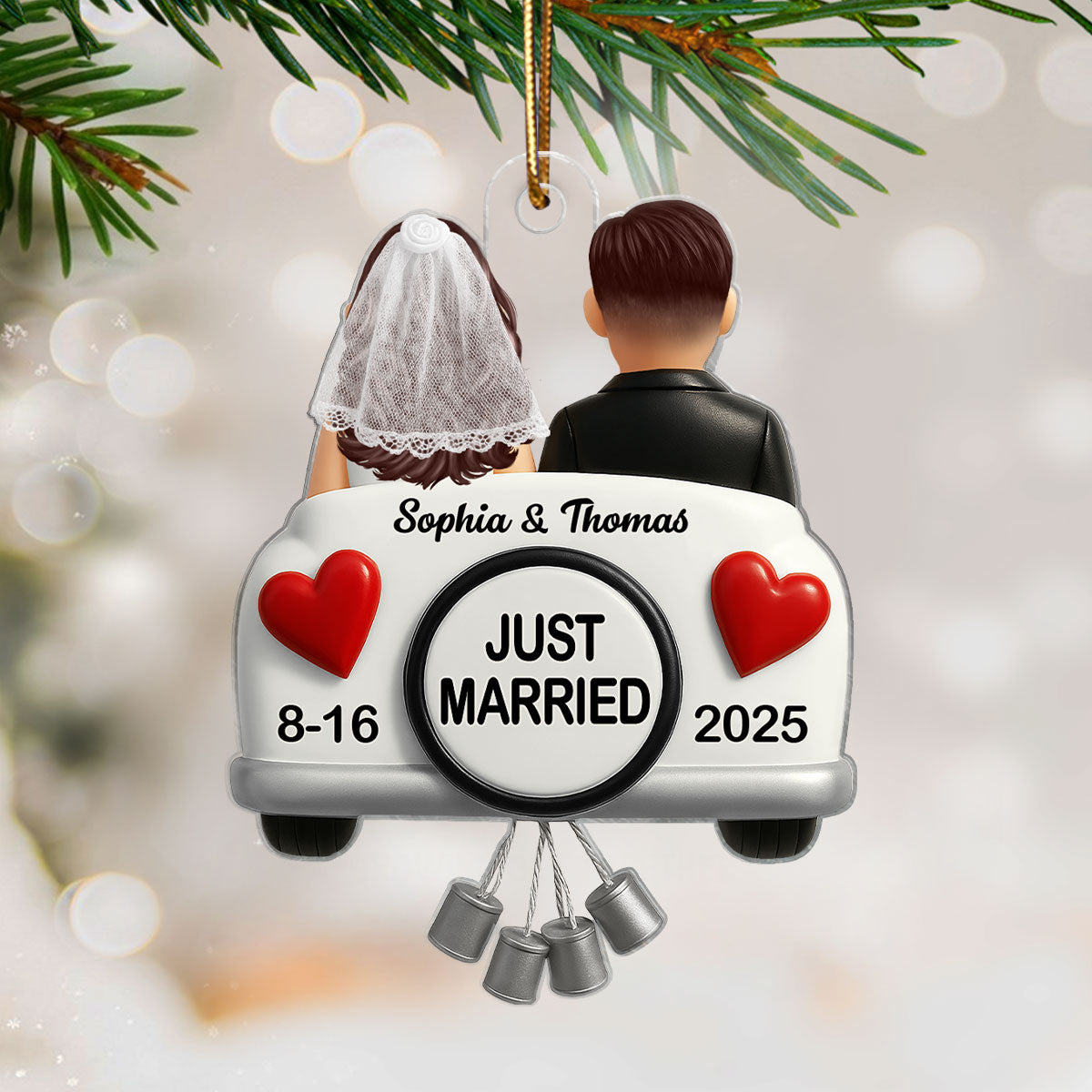 3D Effect Just Married Couple First Christmas Married Personalized Flat Acrylic Ornament, Gift For Newly Wedding Couple