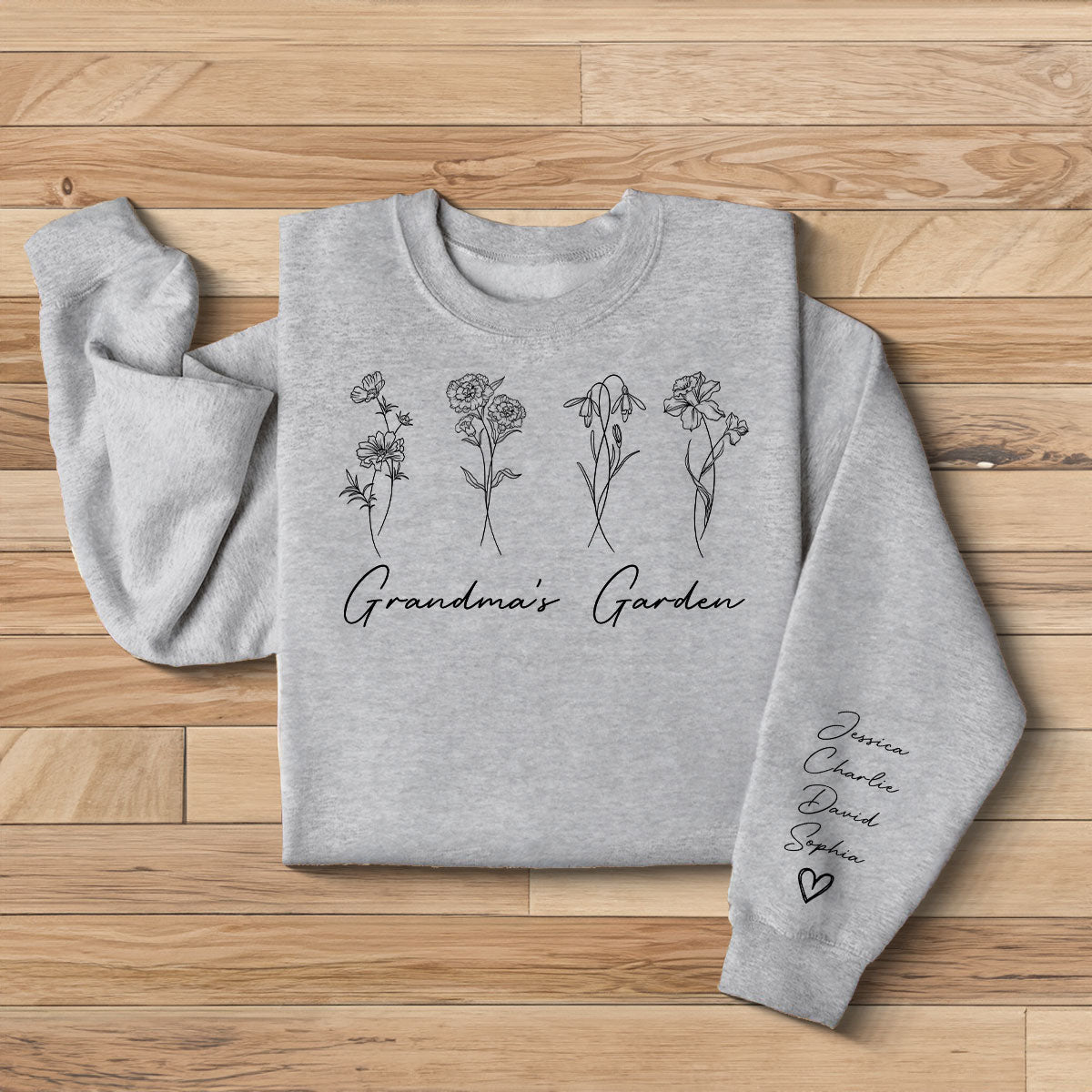 Outline Birth Month Flowers Personalized Sleeve Printed Sweatshirt, Gift For Mom Grandma Aunt